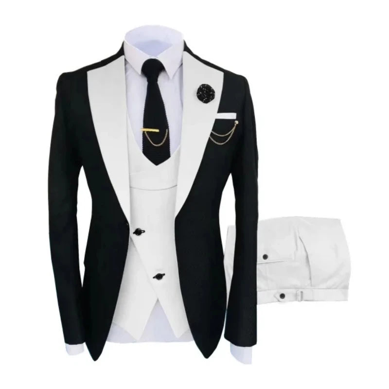 Men Suits 3 Pieces Tailored Best Man Groom Wedding Tuxedo Slim Fit Jacquard Two-color Blazer Jacket  Vest Pants Tuxedo Clothing