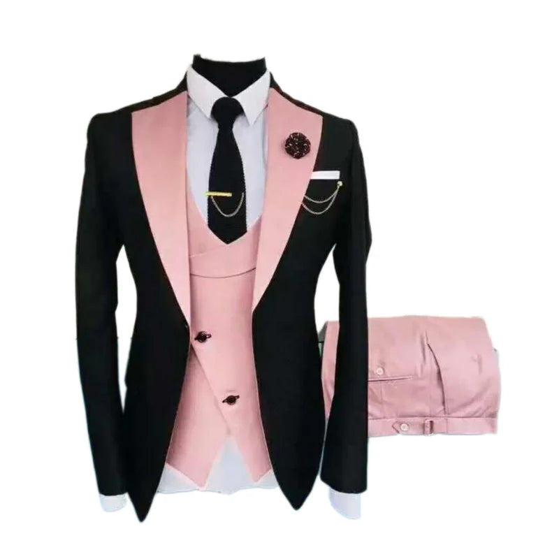 Men Suits 3 Pieces Tailored Best Man Groom Wedding Tuxedo Slim Fit Jacquard Two-color Blazer Jacket  Vest Pants Tuxedo Clothing