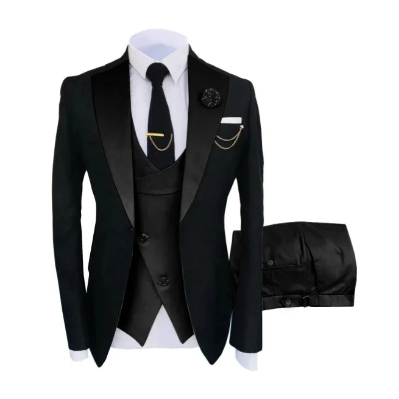 Men Suits 3 Pieces Tailored Best Man Groom Wedding Tuxedo Slim Fit Jacquard Two-color Blazer Jacket  Vest Pants Tuxedo Clothing
